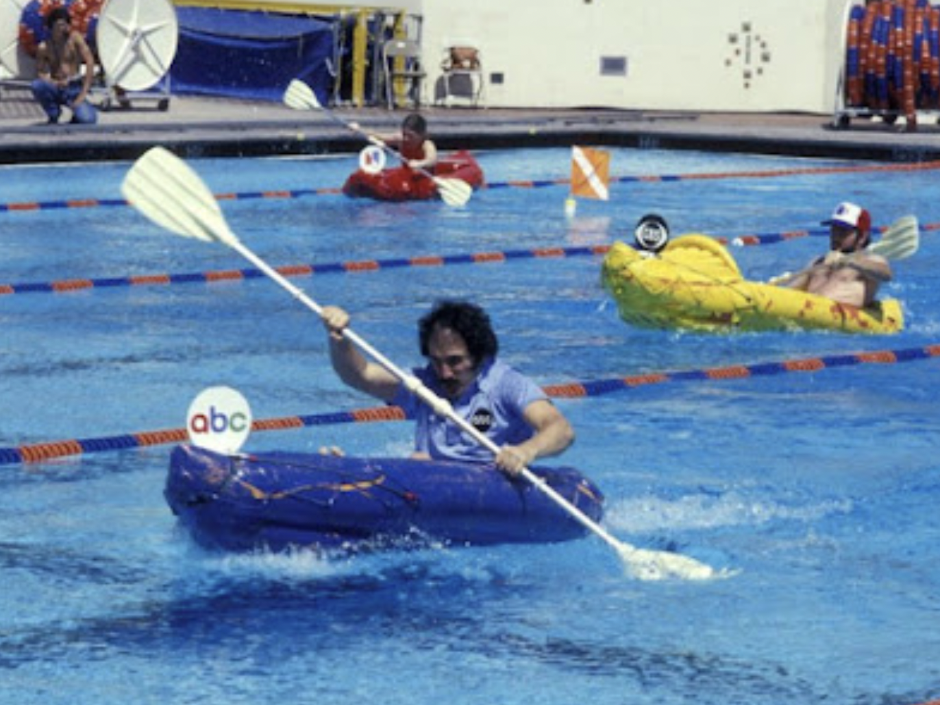 TV stars kayak in a pool, date unknown. 